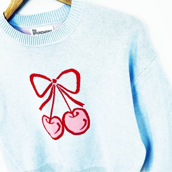 ๐ 3/$10 ๐ No Boundaries Cherry Design Sweater Light Blue Red Size Small - Picture 8 of 13